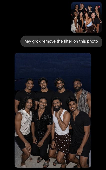 A group of seven men pose together against a dark blue background in the enlarged photo, responding to a user request of "hey grok remove the filter on this photo." The image humorously reinforces the post's claim that "there are no girls in crypto, absolutely zero," suggesting that filtering out all the women in the original photo would reveal nothing but men.