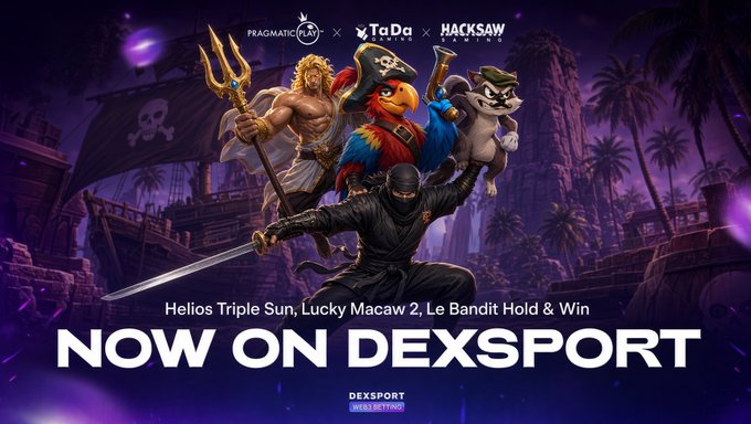 A promotional graphic for Dexsport featuring games from Pragmatic Play, TaDa Gaming, and Hacksaw Gaming, showing characters including Poseidon, a parrot pirate, a ninja, and a raccoon, with text "NOW ON DEXSPORT".
