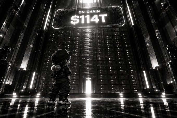 A monochrome sci-fi scene shows a small astronaut-like figure facing a towering vault-like chamber beneath a glowing sign that reads “ON-CHAIN $114T.”