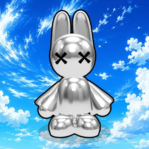 A 3D-rendered shiny chrome rabbit figure with black "X" marks for eyes, set against a bright blue sky with scattered white clouds.