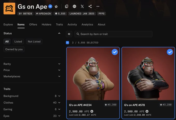 A screenshot of the OpenSea NFT marketplace showing a collection called 'Gs on Ape' featuring 3D ape characters in hoodies, priced at 2,900 APE each.
