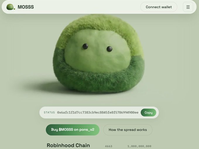 A webpage for the token 'MOSSS' featuring a round, green moss-like character, with a 'Connect wallet' button, a status contract address, and a 'Buy $MOSSS on pons_v2' button.
