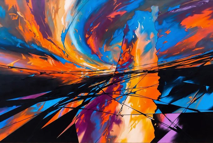 A swirling vortex of fiery orange and electric blue fragments collides at the center, with jagged black shards and stretched lines radiating outward as if reality itself is being torn apart. The chaotic explosion visually echoes the post's poetic meditation on collapse—where destruction manifests not as darkness, but as a vivid, burning fragmentation of forms straining to hold together.