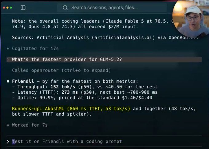 A terminal interface shows a Claude Code session querying OpenRouter MCP, revealing that **Friendli** is the fastest provider for GLM-5.2 with **152 tok/s throughput**, **273 ms latency**, and **99.9% uptime**, outperforming runners-up **AkashML** and **Together**. The image directly illustrates the post's point about OpenRouter's new MCP using live provider performance data to identify top providers like Friendli and AkashML for GLM 5.2 routing.