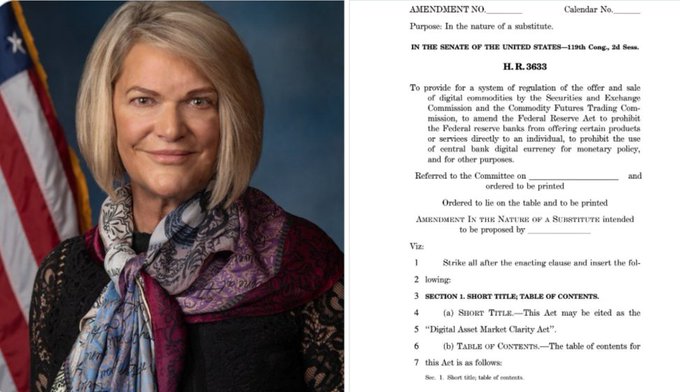 The image displays Senator Cynthia Lummis alongside the text of H.R. 3633, the "Digital Asset Market Clarity Act," which aims to establish a regulatory framework for digital asset trading. This directly relates to her call for passing the CLARITY Act to provide clear crypto regulations and keep innovation in the United States.