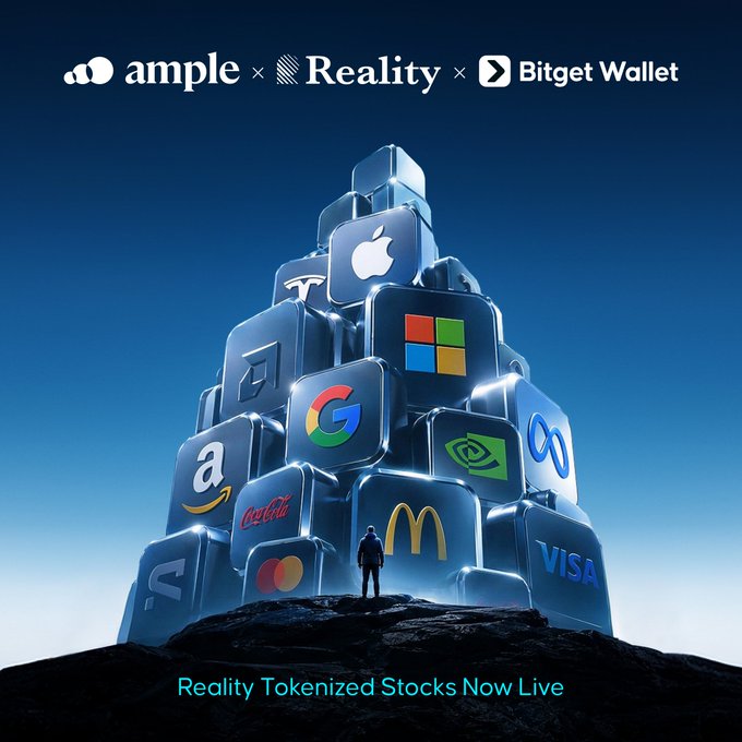 An advertisement for Ample, Reality, and Bitget Wallet showing a figure standing before a mountain of brand logos (Apple, Google, Visa, McDonald's, etc.) with the text "Reality Tokenized Stocks Now Live."