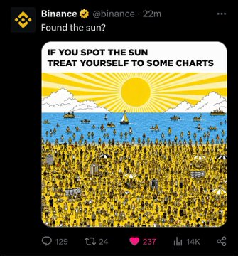 In the image, there are multiple people standing close together in front of an ocean at the beach. The photo also features a social media post that says "Binance found the sun" with a picture of a yellow sun set against the sky. A person wearing a $TROLL T-shirt is also present in the picture. There's a small text overlay beneath this image, which states "If you spot the sun, treat yourself to some charts."