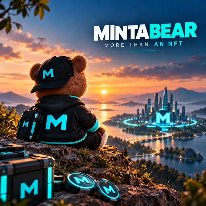 Promotional artwork for 'MINTABEAR - MORE THAN AN NFT' showing a teddy bear wearing a black cap with an 'M' logo, sitting on a rocky outcrop overlooking a futuristic cityscape at sunset with an 'M' logo structure visible.