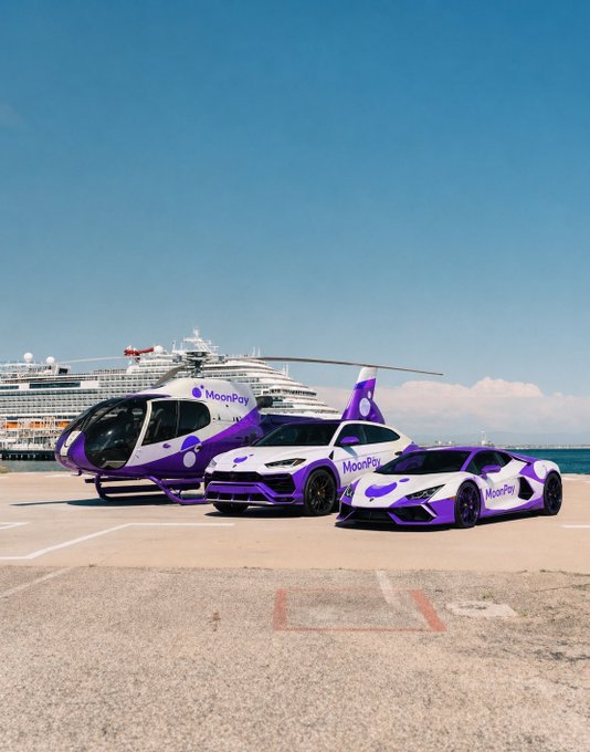 The image features three luxury cars parked next to each other at a parking lot with a helicopter nearby. The cars are all painted purple, which adds a unique touch to their appearance. In the background, there's a cruise ship docked near the shoreline, indicating that this location might be close to an ocean or coastal area. The caption of the image reads "Good Morning Day 65. Talking about MoonPay MoonPay is a financial technology company that makes it easy for people and businesses to buy, sell, and use cryptocurrencies and digital assets".