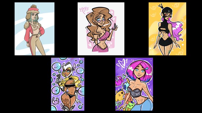 Five cartoon-style female character illustrations displayed in polaroid-style frames, each featuring a distinct design with various colors, outfits, and poses, related to the NFT token sales of collection 0x7cb47304980082f45dbf3609c7bf921bffcf09d9.