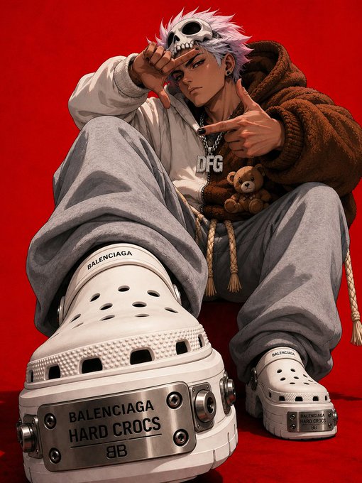 An anime-style illustration of a character with a skull headband wearing oversized Balenciaga platform Crocs labeled 'HARD CROCS', a hoodie with 'DFG' text, and holding a teddy bear against a red background.