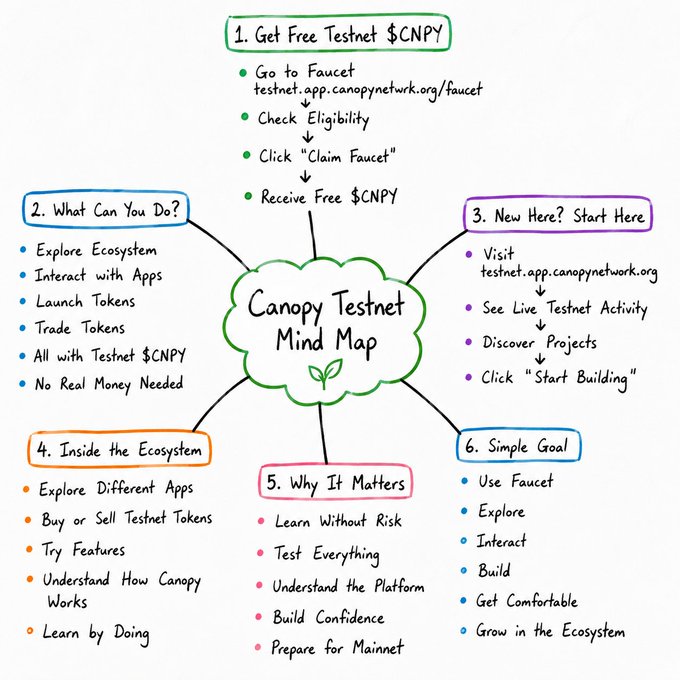 A hand-drawn 'Canopy Testnet Mind Map' outlines six sections including 'Get Free Testnet $CNPY', 'What Can You Do?', 'New Here? Start Here', 'Inside the Ecosystem', 'Why It Matters', and 'Simple Goal'.