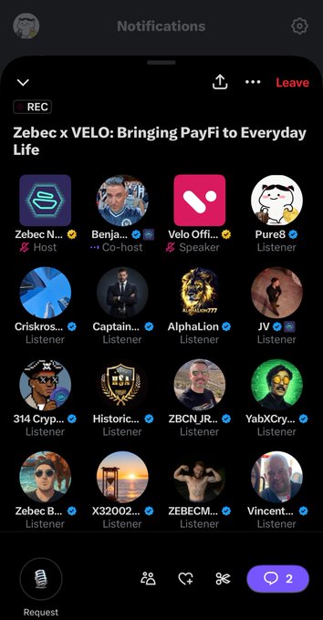 A Twitter Spaces audio room titled "Zebec x VELO: Bringing PayFi to Everyday Life" with a host from Zebec Network, a co-host named Benja, and a speaker from Velo Official, along with several listeners participating in the discussion about $VELO and $ZBCN.