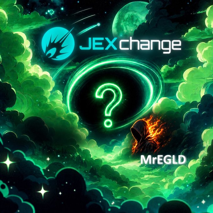 Promotional artwork for JEXchange with a mysterious hooded character, a glowing question mark portal, and the name 'MrEGLD' in a cosmic green setting.