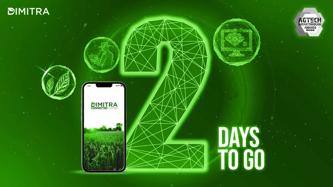 A promotional graphic for 'DIMITRA Connected Farmer' showing '2 DAYS TO GO' with a smartphone displaying crop fields, surrounded by icons of farmers, leaves, and a monitor.