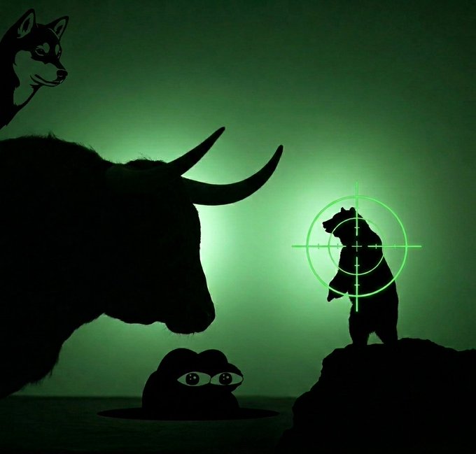 The image features a bear standing on top of a rock, with a bull standing behind it. There are also two other animals present - one frog sitting in the bottom left corner and another frog sitting in the bottom right corner. The background appears to be green, which could be an attempt at creating a unique visual effect or theme for the image.