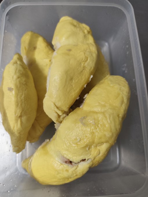 A plastic container holding several pieces of yellow durian fruit, with the soft, custard-like flesh exposed.