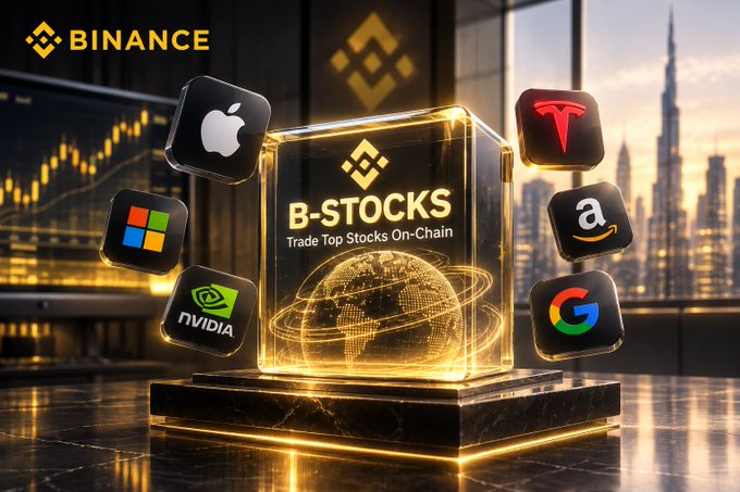A promotional image showcases Binance's "B-StOCKS" concept with the tagline "Trade Top Stocks On-Chain," featuring a glowing central cube surrounded by floating icons of major companies including Apple, Microsoft, Tesla, Amazon, NVIDIA, and Google, set against a backdrop blending financial charts with a modern city skyline. The visual reinforces the post's idea of tokenizing traditional equities by depicting well-known stock brands as blockchain-based digital assets.