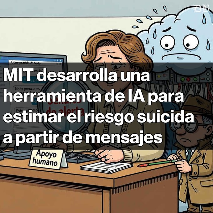 A cartoon illustration with the headline 'MIT desarrolla una herramienta de IA para estimar el riesgo suicida a partir de mensajes', showing a worried character at a desk with an 'Apoyo humano' sign.