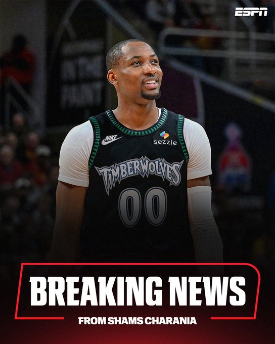 An ESPN "Breaking News" graphic from Shams Charania features a Minnesota Timberwolves player wearing jersey #00, paired with the announcement of the "JK and Ant" duo linking up.