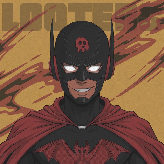 A comic-style illustration of a superhero character in a black and red costume with a horned bat helmet, glowing white eyes, and a skull emblem on the forehead, with 'LOOTERS' text faintly visible in the background.