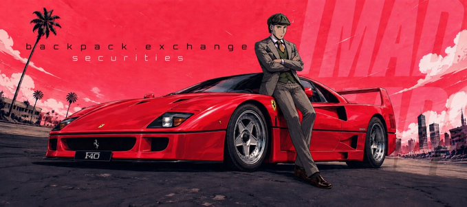 A stylized image of a person in a suit and cap leaning against a red Ferrari F40, with the text 'backpack.exchange securities' on the left.