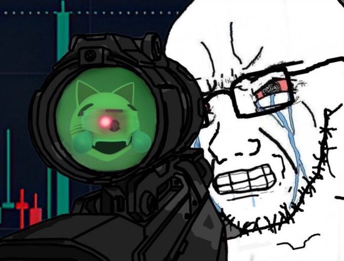 A meme-style illustration featuring a Wojak-like character with crying eyes and a stitched face, holding a large sniper rifle scope that displays a green cat image with a red dot, set against a background of red and green candlestick charts.