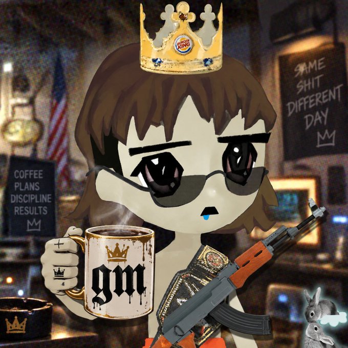 An animated character wearing a Burger King crown and sunglasses holds a mug labeled 'gm' and an AK-47 in a dimly lit setting with signs reading 'COFFEE PLANS DISCIPLINE RESULTS' and 'SAME SHIT DIFFERENT DAY'.