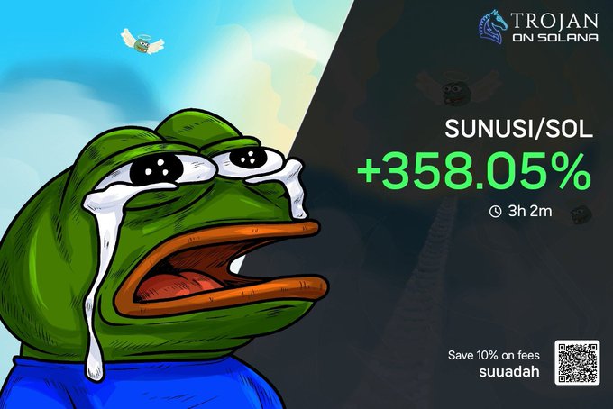 A Trojan on Solana promotional graphic features a crying Pepe frog meme alongside SUNUSI/SOL showing a +358.05% gain over 3h 2m, with a referral code 'suuadah'.