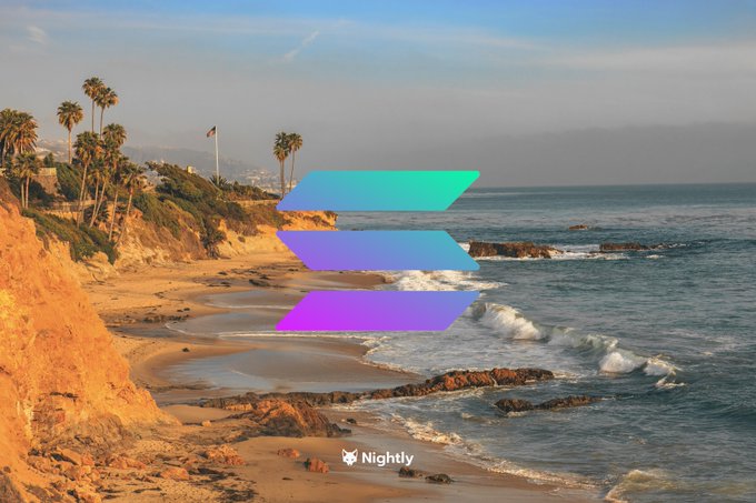 A scenic photograph of a rocky coastal beach at sunset with palm trees on cliffs, overlaid with the cyan-to-purple Solana logo and the "Nightly" app icon.