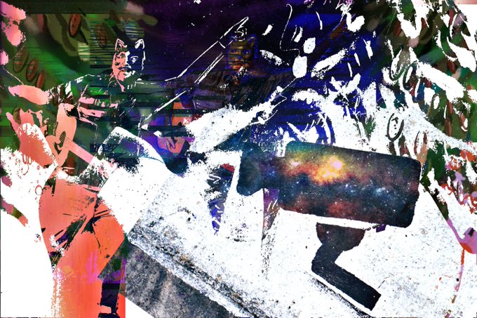 An abstract, textured mixed-media artwork featuring a person in pink and green tones, overlaid with scribbles, a galaxy/nebula image, and what appears to be a large letter 'Z'.