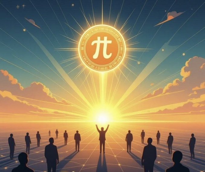 The image features a group of people standing together, with one person holding their arms up in the air. They are all facing towards the sun, which appears as a bright light or star in the sky above them. The scene suggests that they might be celebrating an important event or milestone related to the Pi Network and its upcoming upgrade.