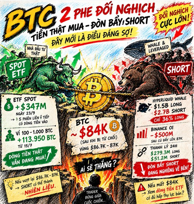 A Vietnamese-language infographic about Bitcoin titled "BTC 2 PHÊ ĐỐI NGHỊCH" showing bullish and bearish market analysis with BTC at ~$84K, spot ETF data, and whale/short statistics.