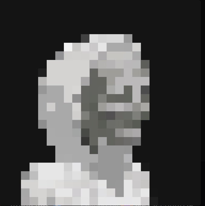 A blurry, pixelated grayscale portrait of a person's face and shoulders.