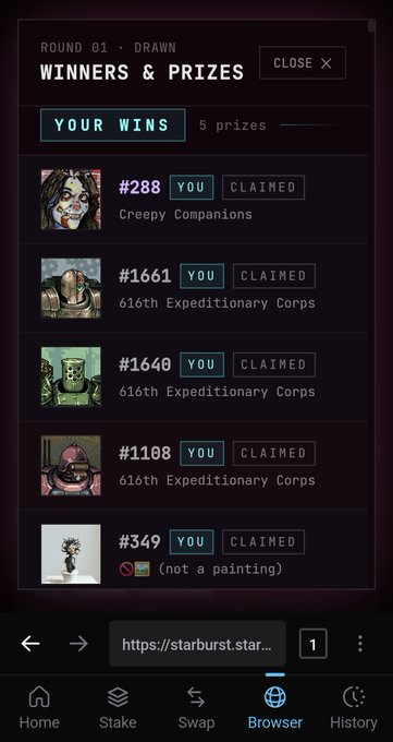 A mobile browser screenshot of a 'Winners & Prizes' page on starburst.star showing 5 claimed prizes including NFTs like 'Creepy Companions #288' and multiple '616th Expeditionary Corps' items, from Round 01.