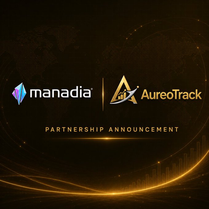 The image features two logos - one for a company called @AureoTrack and another for a company named @Manadia. The text "Partnership Announcement" is written below these logos, indicating that there's an announcement about their partnership. The background of the image is black with gold lines, creating a striking contrast between the two logos. The text "Partnership Announcement" is positioned in the center of the image, making it the focal point and emphasizing the significance of this collaboration.