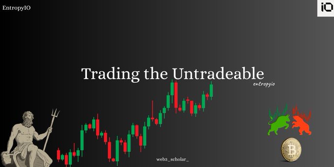 A dark presentation slide titled 'Trading the Untradeable' features a red and green candlestick chart, 'EntropyIO' branding, and a bull/bear logo with a Bitcoin coin.