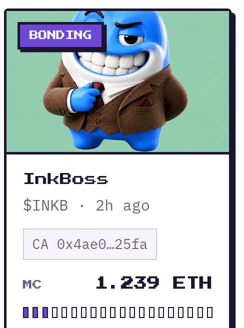 An NFT profile card for 'InkBoss' ($INKB) showing a blue cartoon character in a suit labeled 'BOND ING', with a contract address starting at 0x4ae0...25fa and a market cap of 1.239 ETH.