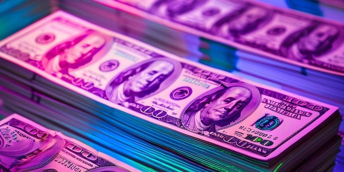 The image features a stack of colorful $50,000,000 U.S. dollar bills, all stacked up next to each other. The background is colored purple, and there are also neon pink lights visible above the money, creating an eye-catching visual effect. In the accompanying text, we learn that these banknotes are about to become the richest generation's legacy and are being used as a method of payment, with the promise of five times their current worth upon reaching the intended recipients. The photo appears to have been taken by a millennial who was captivated by this unique representation of wealth accumulation.