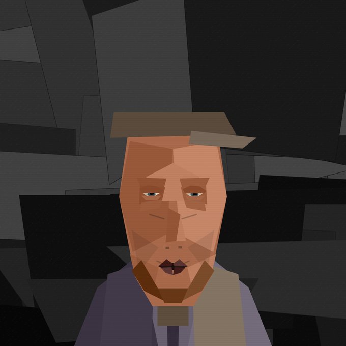 Low-poly 3D rendered portrait of a bearded man in a gray suit against a dark geometric background.