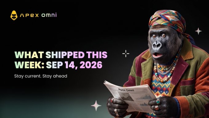 An advertisement for 'Apex Omni' featuring an ape wearing colorful clothing and jewelry, reading a newspaper with the text 'WHAT SHIPPED THIS WEEK: SEP 14, 2026' and 'Stay current. Stay ahead.'