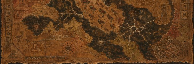 An aged, weathered treasure map with dark landmasses, various symbols, and decorative markings on a brown parchment background.
