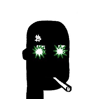 A black silhouette of a head features a Bitcoin symbol on the forehead, glowing green star-shaped eyes, and a cigarette in the mouth, on a white background.
