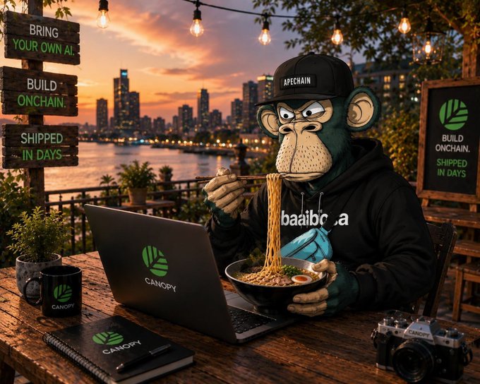 The image features an ape mascot wearing an ApeChain cap and a Baibot hoodie, eating ramen at a wooden table with a Canopy-branded laptop, notebook, and mug, while wooden signs read "Bring Your Own AI," "Build Onchain," and "Shipped in Days." The scene ties into the post by illustrating a focused "builder's day" atmosphere, representing the hard work behind tokenizing real-world assets and the need for dedicated, reliable infrastructure rather than shared chains.