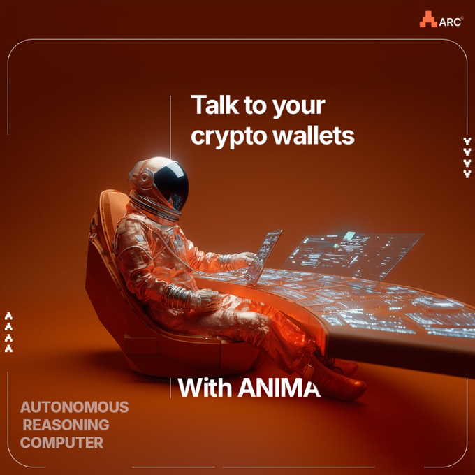 The image features an astronaut in a futuristic setting working on a laptop with a holographic display, set against a deep red background. The text reads "Talk to your crypto wallets With ANIMA" and "AUTONOMOUS REASONING COMPUTER," with the ARC logo in the top right corner.

This visual reinforces the post's theme by portraying ANIMA as a sophisticated, space-age autonomous system—elevating the crypto wallet from a simple storage tool to an intelligent, reasoning interface capable of interpreting and managing holdings.