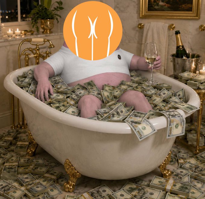A person relaxing in a bathtub overflowing with stacks of $100 bills while holding a champagne flute, with an orange logo obscuring their face.