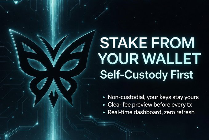 The image is a promotional graphic for @quipnetwork featuring a glowing teal butterfly emblem on a dark circuit-board background, with bold text reading "STAKE FROM YOUR WALLET — Self-Custody First" alongside three bullet points highlighting non-custodial security, transparent fee preview, and a real-time dashboard. It directly reinforces the post's message about staking directly from your own wallet without custodial risk or fee uncertainty, visually emphasizing the platform's self-custody and transparency claims that solved the user's wallet-juggling frustrations.