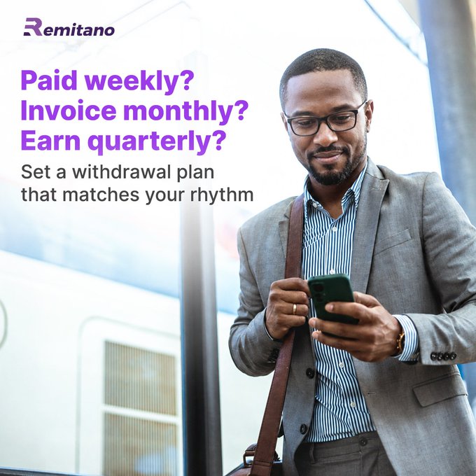 A Remitano advertisement featuring a man in a gray suit using a smartphone, with text asking "Paid weekly? Invoice monthly? Earn quarterly?" and suggesting to "Set a withdrawal plan that matches your rhythm."