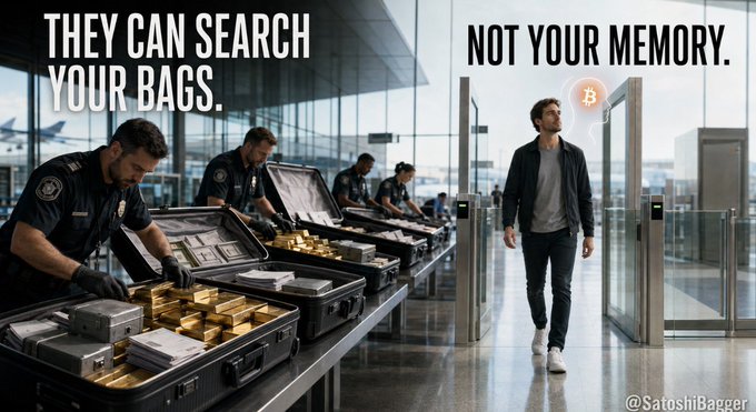 An image divided into two sections with text 'THEY CAN SEARCH YOUR BAGS.' showing officers inspecting gold bars, and 'NOT YOUR MEMORY.' showing a man walking through an airport scanner with a Bitcoin symbol on his head.