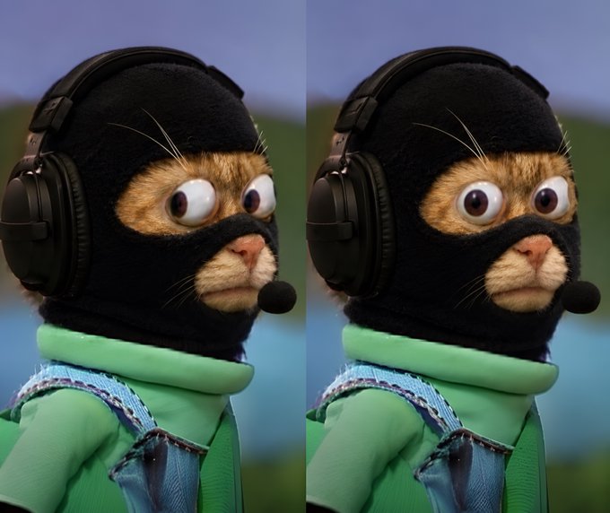 A side-by-side mirror image shows a humorous AI-generated cat wearing a black ski mask, large black headphones, and a green turtleneck with denim overalls.
